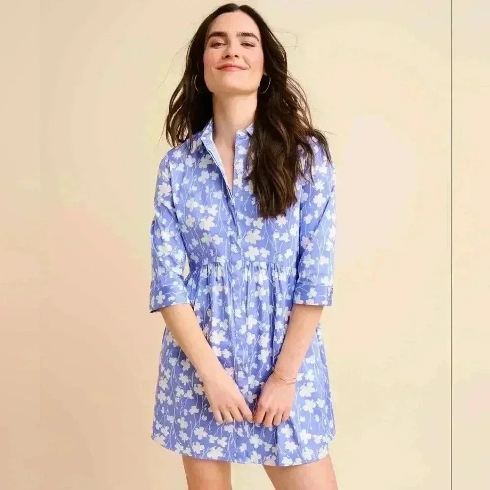 UNTUCKit Stretch Cotton Demi Shirt Dress Blue White Floral Size XS Women's - Picture 3 of 11